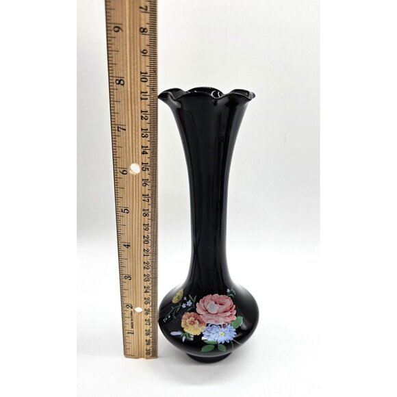 Vintage Black Glass 8" Bud Vase With Handpainted Flowers Floral Design Boho - Picture 7 of 7